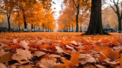 Poster - Autumn landscape featuring vibrant orange leaves covering the ground with trees lining an empty park pathway Copy Space