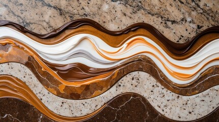 Poster - Flowing abstract patterns of thick paint in earth tones on a textured surface with veining and color variation. Copy Space