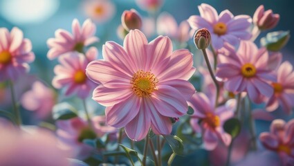 Poster - Close-up of blooming pink flowers with soft focus background and vibrant colors showcasing nature's beauty and floral details Copy Space