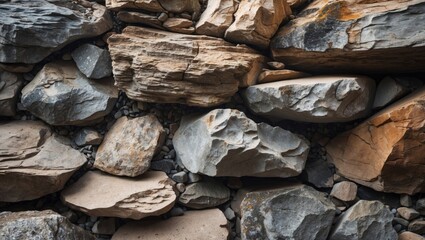 Leinwandbilder - Textured pile of various natural stones and rocks in earthy tones showcasing different shapes and sizes Copy Space
