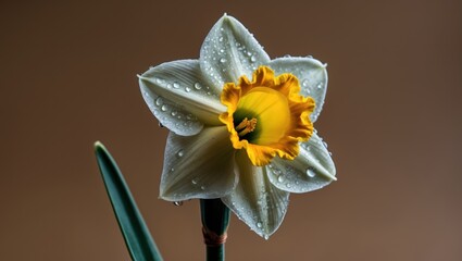 Poster - Close-up of a daffodil flower with water droplets on petals against a brown background with copy space.
