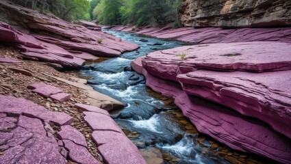 Aufkleber - Colorful rock formations alongside a flowing river in a lush green canyon landscape with water movement and reflections.