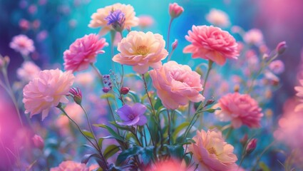Aufkleber - Vibrant garden scene featuring an array of colorful flowers with soft focus and blurred background creating a dreamy atmosphere Copy Space