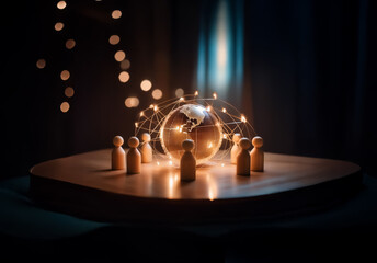 Fototapete - Wooden figures encircle a glowing globe on a stage, illuminated by spotlights in a dark setting.  A network of light connects around the world, symbolizing global communication and unity.