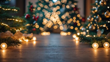 Aufkleber - Christmas trees with warm lights and decorations creating a festive atmosphere with blurred background and Copy Space for text