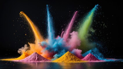 Poster - Colorful powder explosion with vibrant hues forming mounds against a dark background with copy space