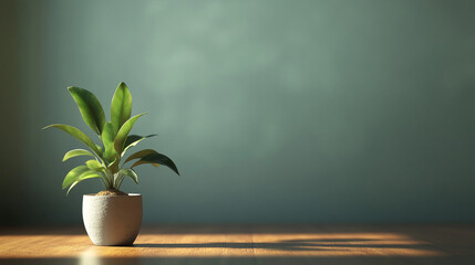 Wall Mural - Plant in sunlight: Serene indoor scene featuring a vibrant green plant in a pot, set against a soft, neutral background. Nature's touch at home.