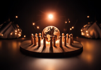 Fototapete - Wooden figures encircle a globe on a round platform, illuminated by a warm, central light source against a dark setting, suggesting global unity.