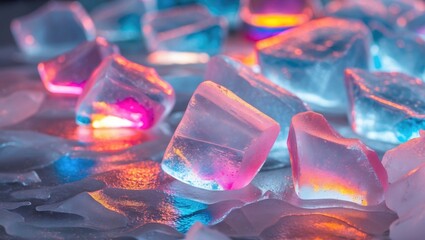 Poster - Colorful ice cubes with reflections and glowing effects on a wet surface with soft lighting and vibrant hues. Copy Space