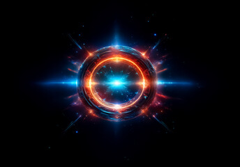 Poster - Abstract glowing orb in center, emitting radiant blue and orange light against a dark backdrop, creating a celestial or cosmic atmosphere.