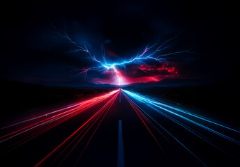 Poster - Dramatic scene with red and blue light streaks converging on a dark horizon under a stormy sky with lightning illuminating the path.