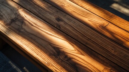 Aufkleber - Wooden tabletop with natural grain patterns and sunlight shadows Copy Space