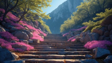 Poster - Mountain pathway with stone steps surrounded by lush greenery and vibrant pink flowers under sunlight in a serene environment. Copy Space