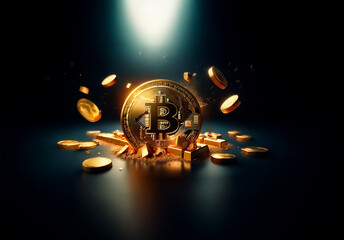 Aufkleber - A gleaming golden coin with a Bitcoin symbol is illuminated by a spotlight, surrounded by a scattering of smaller golden coins on a dark surface.