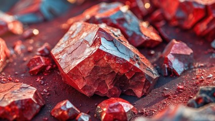 Aufkleber - Close-up of vibrant red crystals with intricate texture and details on a mineral surface illuminated by natural light. Copy Space