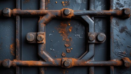 Aufkleber - Rusty metal surface with industrial bolts and weathered paint showing signs of aging and corrosion, suitable for textured backgrounds, Copy Space.