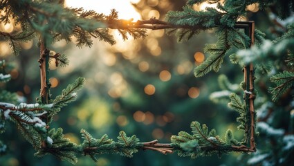 Aufkleber - Natural wooden frame surrounded by snow-covered pine branches with blurred green background and soft golden bokeh light, Copy Space