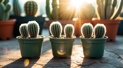 Aufkleber - Cactus plants in green pots with sunlight illuminating the scene on a textured surface, showcasing growing succulents and copy space.