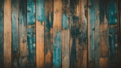 Poster - Colorful weathered wooden wall background with various shades of blue and brown, ideal for vintage or rustic design projects, Copy Space
