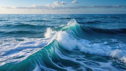 Aufkleber - Ocean waves with foam under a clear sky during sunset, blue water surface with clouds in the background, Copy Space.