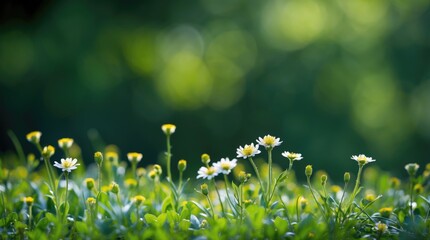 Poster - Field of blooming white daisies and yellow flowers with blurred green background and soft natural light Copy Space