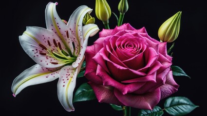 Poster - Pink rose and white lily with green buds against a dark background showcasing floral beauty and elegance Copy Space