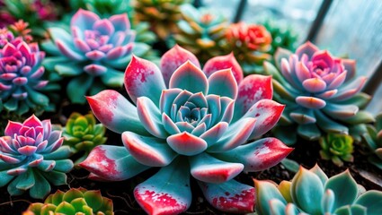 Aufkleber - Colorful assortment of succulent plants with varying shapes and textures in a greenhouse setting ideal for botanical backgrounds and themes