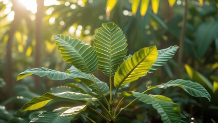 Poster - Tropical green leaves with sunlight shining through, natural background with copy space for text