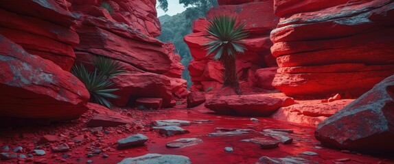Poster - Red sandstone canyon landscape with palm-like plants and pool of water under natural light Copy Space