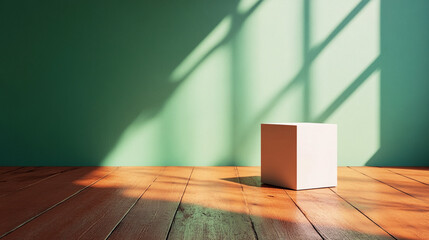 Wall Mural - Sunlit cube on wooden floor against a green wall, casting window shadows, creating a minimalist and serene interior scene.