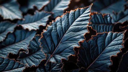 Aufkleber - Dark textured leaves with intricate details and illuminated edges in a close-up composition suitable for natural backgrounds Copy Space