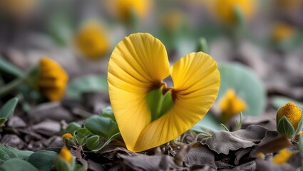 Leinwandbilder - Heart-shaped yellow flower amidst green foliage with soft blurred background and Copy Space for text placement.