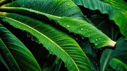 Aufkleber - Close-up of green tropical leaves with water droplets on surface highlighting texture and details with Copy Space