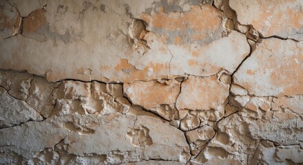 Poster - Cracked and peeling paint texture on an aged wall surface with muted colors and irregular patterns, suitable for background or design use. Copy Space