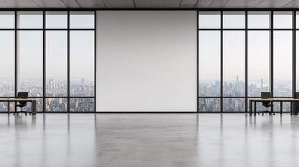Poster - Spacious Modern Office Interior with Large Windows and Stunning City Skyline View in Daylight