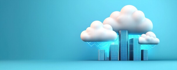 Leinwandbilder - Modern Cityscape with Clouds and Abstract Digital Elements Representing Technology and Connectivity