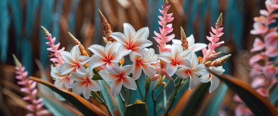 Poster - Exotic tropical flowers with pink and white petals surrounded by vibrant green leaves and blurred background, Copy Space