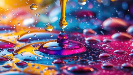 Poster - Close-up of colorful water droplets on a vibrant background with abstract patterns and blurred reflections Copy Space