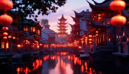 Wall Mural - River town lit by lanterns at dusk. Canals reflect lights. Festive atmosphere