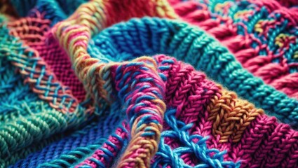 Aufkleber - Close-up of colorful knitted fabric showcasing intricate patterns and textures Copy Space