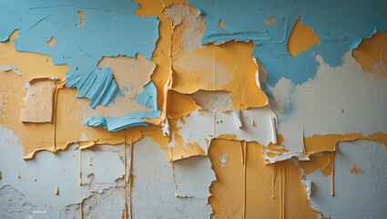 Aufkleber - Peeling paint texture on a wall revealing layers of blue, white, and yellow paint with drips and imperfections Copy Space