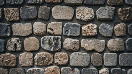 Aufkleber - Textured stone wall with various shapes and colors of stones arranged in a consistent pattern suitable for backgrounds or architectural designs. Copy Space