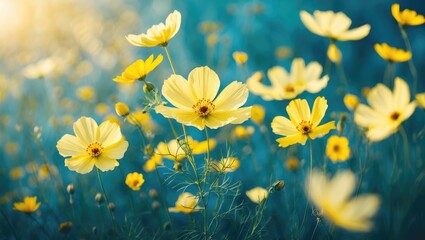 Aufkleber - Yellow flowers in a vibrant meadow with a blurred background and natural sunlight in a soft focus setting Copy Space