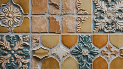 Aufkleber - Decorative vintage ceramic tile wall with intricate patterns and textures in neutral and pastel colors