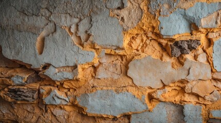 Poster - Textured wall with peeling paint and stone elements in shades of blue and orange. Copy Space.