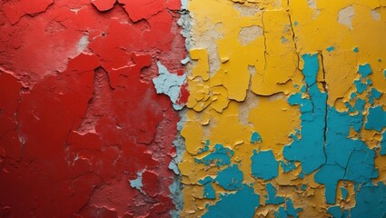 Poster - Textured peeling paint in vibrant red, yellow, and blue colors on a weathered wall with Copy Space for text placement.