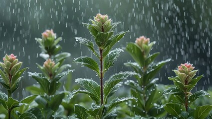 Poster - Close-up of blooming plants in rain with raindrops on leaves and flowers lush green background Copy Space