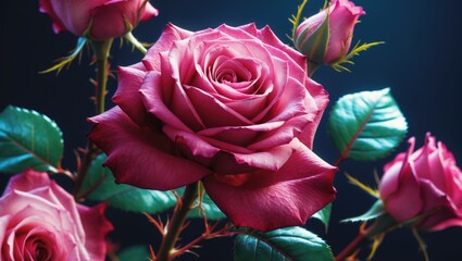 Poster - Close-up of pink roses with lush green leaves in soft lighting showcasing vibrant petals and intricate details on a dark background Copy Space