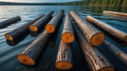 Aufkleber - Logs floating on the surface of a calm lake surrounded by green forest reflections in the background with Copy Space