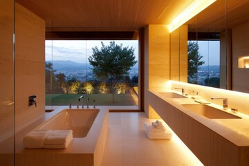 Wall Mural - Modern bathroom with tub next to window, offering a serene landscape view